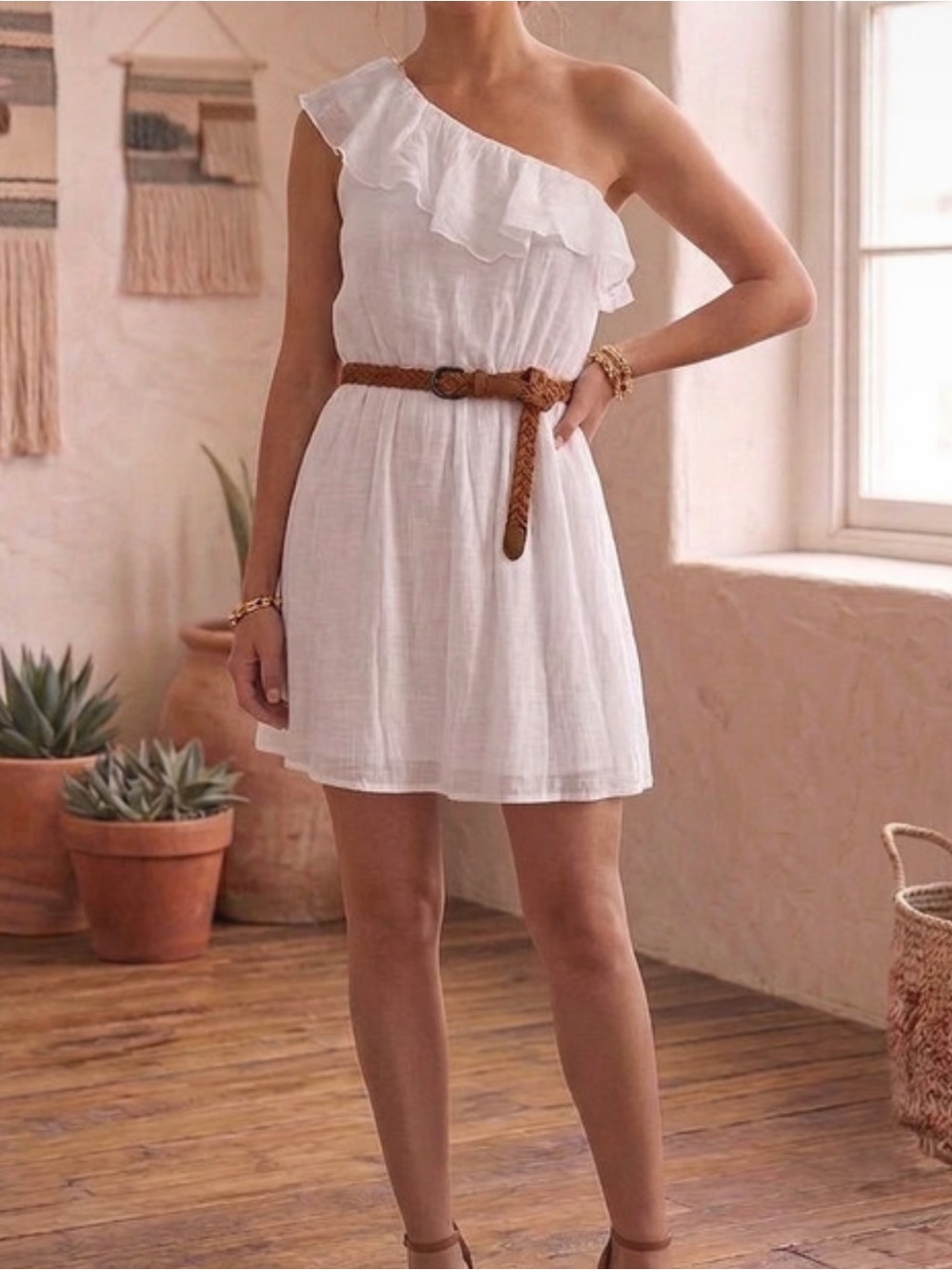 BCX One-Shoulder White Ruffle Mini Dress
